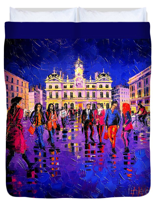 Lights And Colors In Terreaux Square Duvet Cover featuring the painting Lights And Colors In Terreaux Square by Mona Edulesco