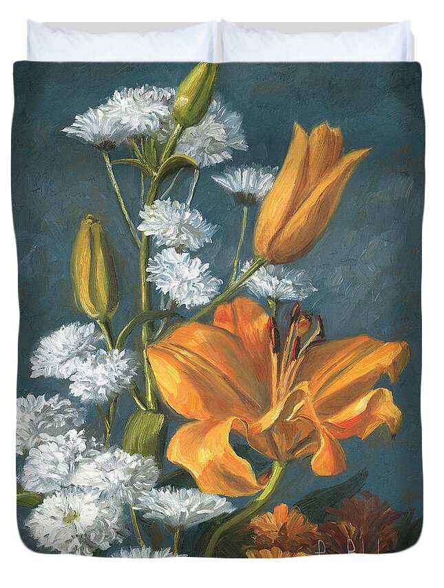 Flower Duvet Cover featuring the painting Lily by Lucie Bilodeau
