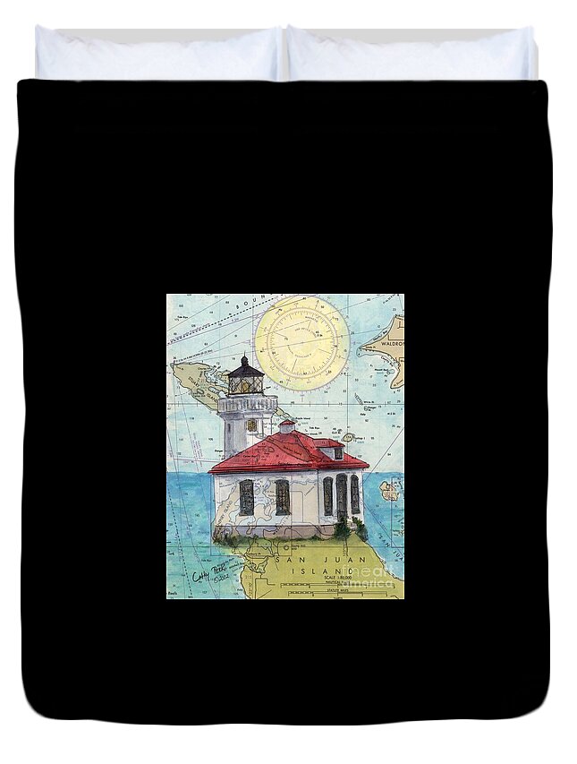 Lime Duvet Cover featuring the painting Lime Kiln Lighthouse WA Nautical Chart Map Art Cathy Peek by Cathy Peek