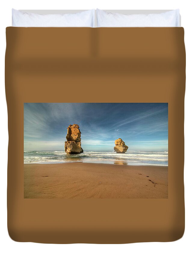 Tranquility Duvet Cover featuring the photograph Limestone Stacks by Photo Art By Mandy