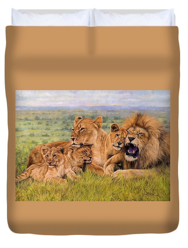 Lion Duvet Cover featuring the painting Lion Family by David Stribbling