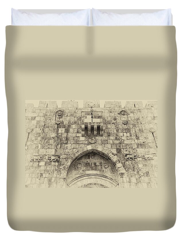 Israel Duvet Cover featuring the photograph Lion Gate Jerusalem Old City Israel by Mark Fuller
