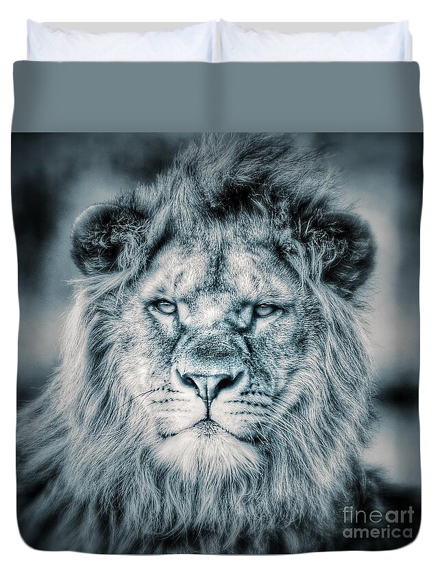 Lion Duvet Cover featuring the photograph Lion portrait in monochrome II by Nick Biemans