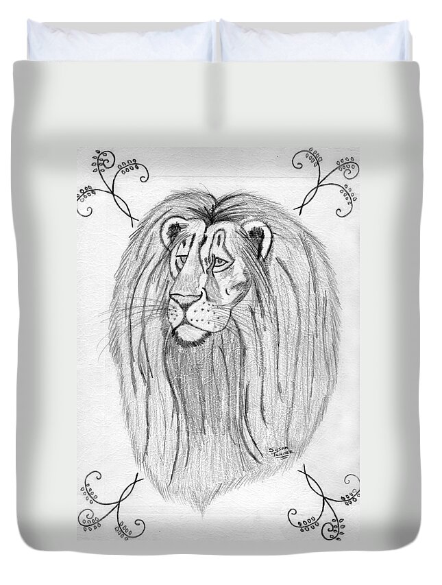 Lion Pencil Duvet Cover featuring the drawing Lion by Susan Turner Soulis