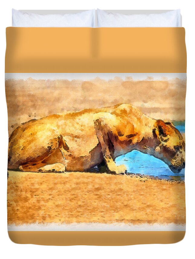 Rossidis Duvet Cover featuring the painting Lioness drinking by George Rossidis