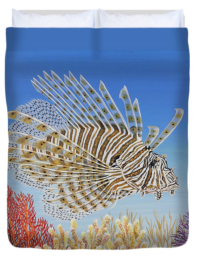 Lionfish Duvet Cover featuring the painting Lionfish and Coral by Jane Girardot