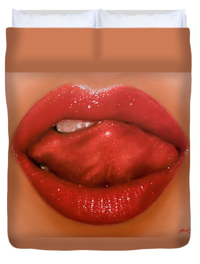 Erotic Duvet Cover featuring the painting Lips I by John Silver