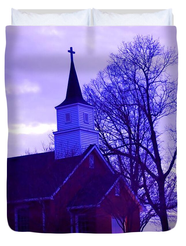Landscape Duvet Cover featuring the photograph Little Church at Night by Morgan Carter