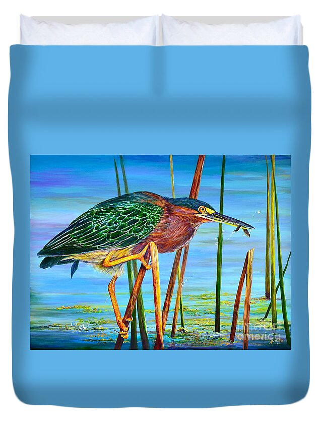 Perch Duvet Cover featuring the painting Little Green Heron by AnnaJo Vahle