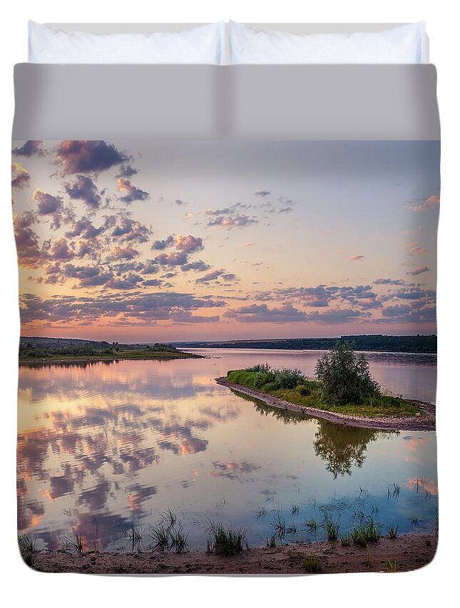 Quiet Duvet Cover featuring the photograph Little island on sunset by Dmytro Korol