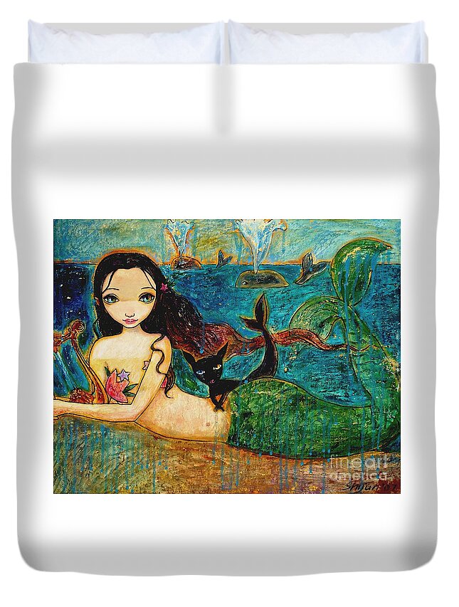 Mermaid Art Duvet Cover featuring the painting Little Mermaid by Shijun Munns