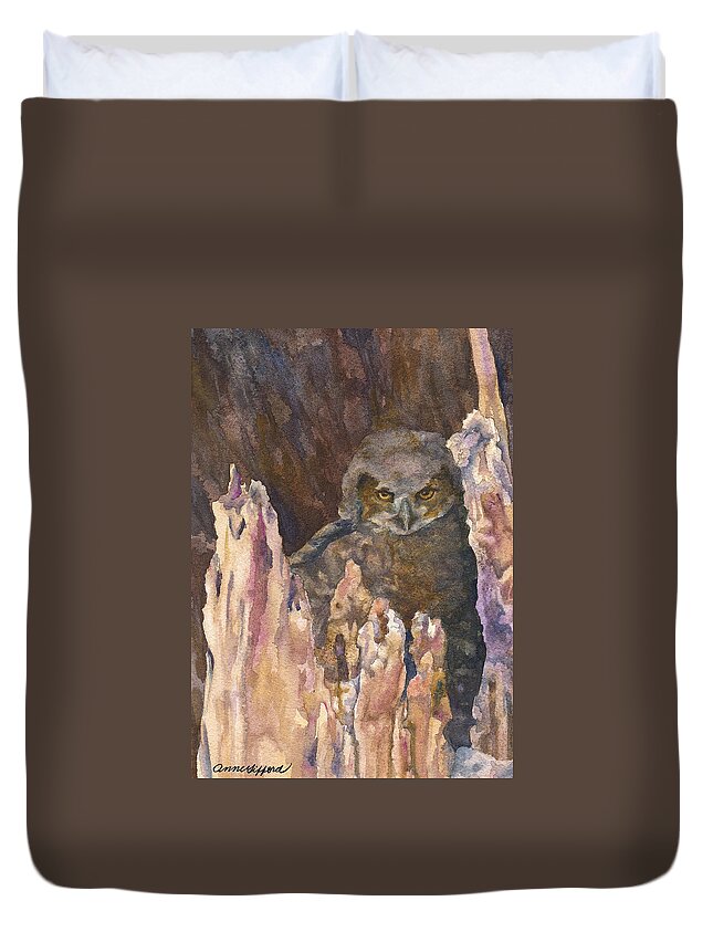 Owl Painting Duvet Cover featuring the painting Little Owl by Anne Gifford