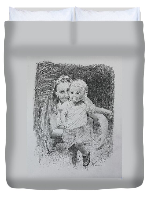Mother Duvet Cover featuring the drawing Little Runaway by Daniel Reed
