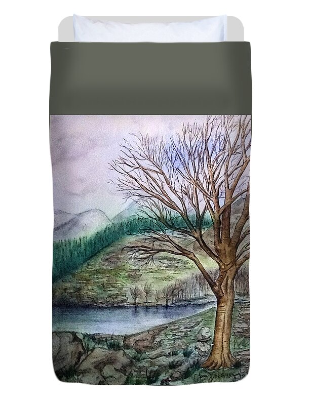 Loch Ard Duvet Cover featuring the painting Loch Ard Stirling overlooking Loch a'Ghleannain by Joan-Violet Stretch