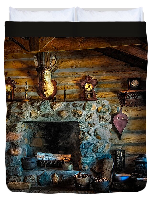 Log Cabin With Fireplace Duvet Cover featuring the photograph Log Cabin with Fireplace by Paul Freidlund