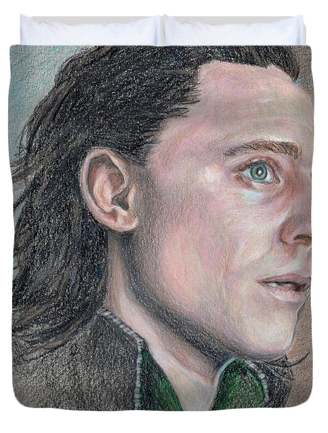 Loki Duvet Cover featuring the drawing Loki from the Avengers by Christine Jepsen