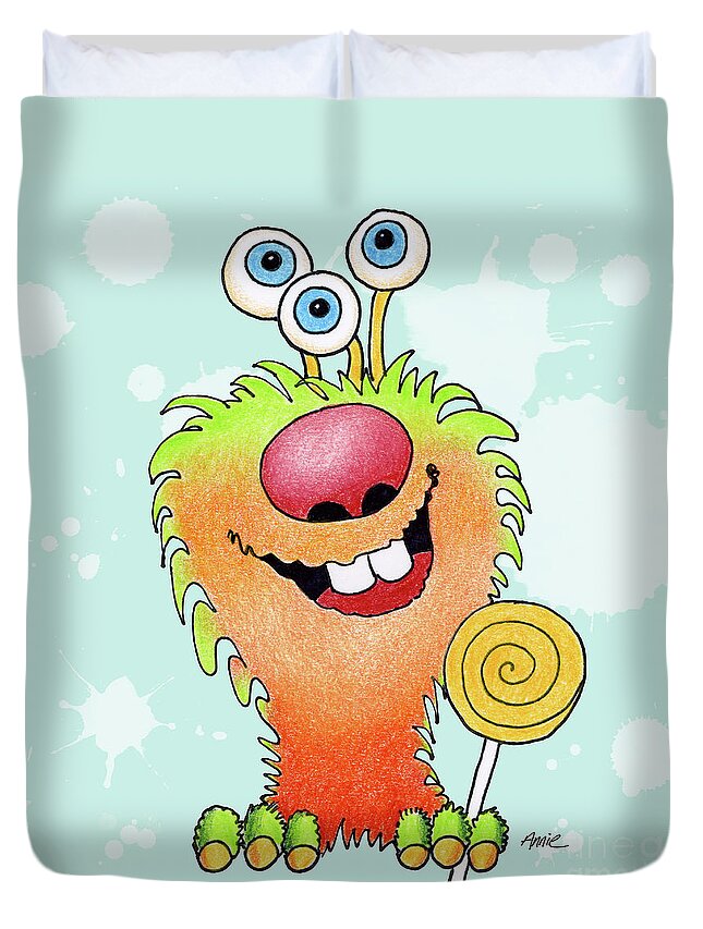Color Pencil Duvet Cover featuring the painting Lolli Pop Monster by Annie Troe
