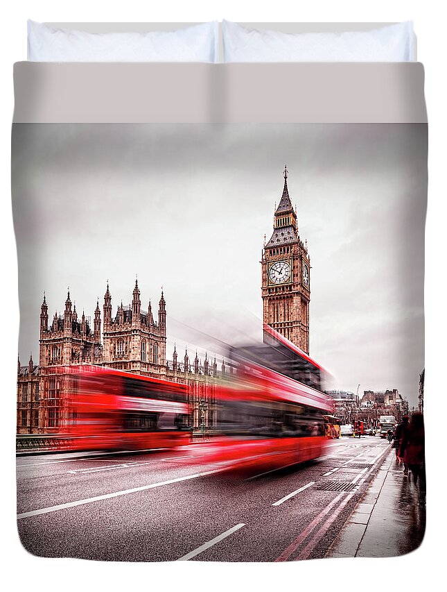 Clock Tower Duvet Cover featuring the photograph London Big Ben And Traffic On by Mbbirdy