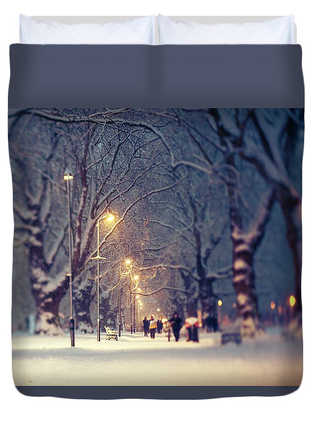 People Duvet Cover featuring the photograph London Fields In The Snow Tilt-shift by Photo By Nicole Fallek