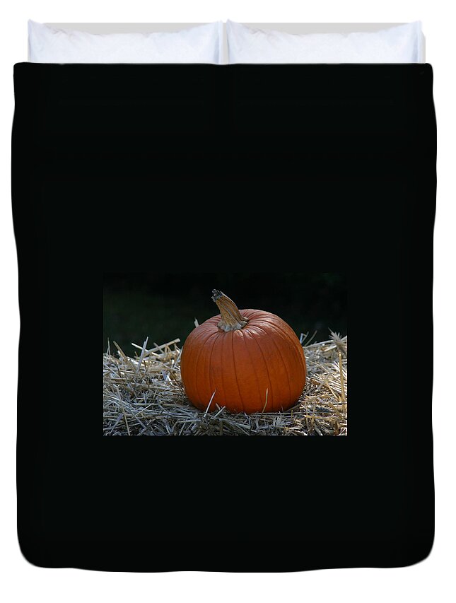Harvest Duvet Cover featuring the photograph Lone Pumpkin by Denyse Duhaime