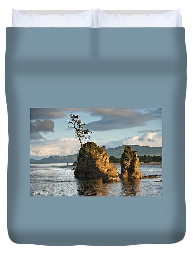Bay Duvet Cover featuring the photograph Lone Tree on a Rock at Sunset by Jeff Goulden
