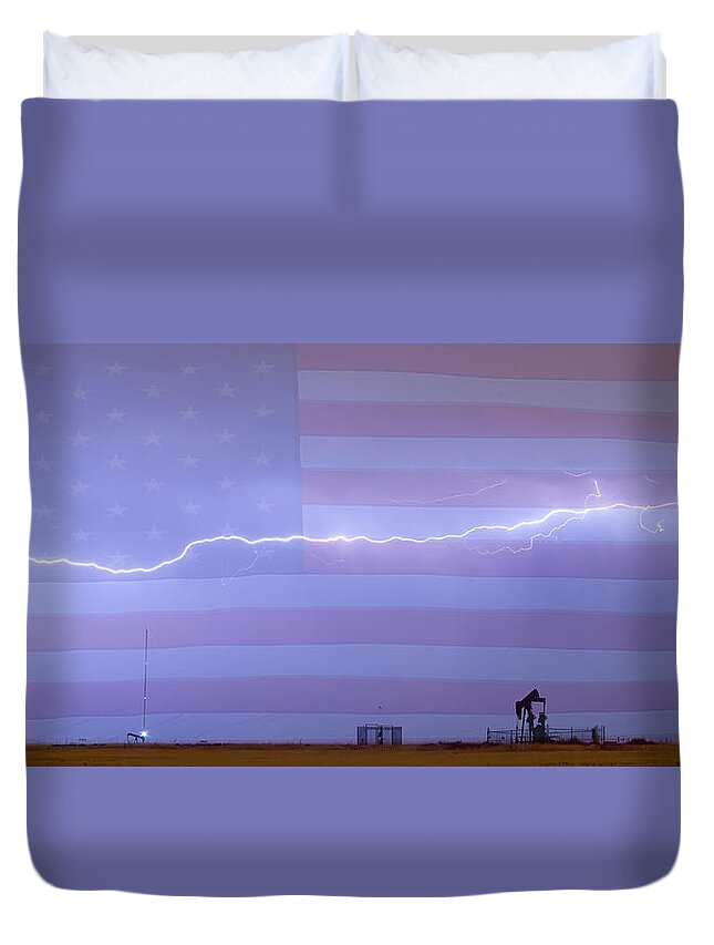 Lightning Duvet Cover featuring the photograph Long Lightning Bolt Across American Oil Well Country Sky by James BO Insogna