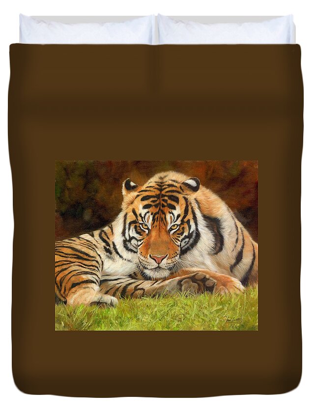 Tiger Duvet Cover featuring the painting Look Into My Eyes by David Stribbling
