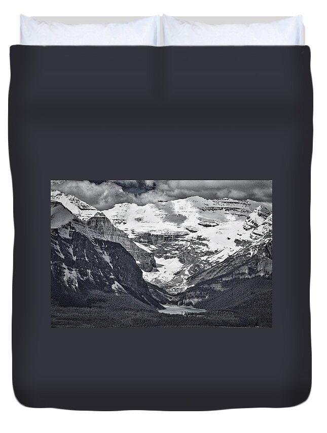 Lake Louise Duvet Cover featuring the photograph Looking Down at Lake Louise - Black and White #2 by Stuart Litoff