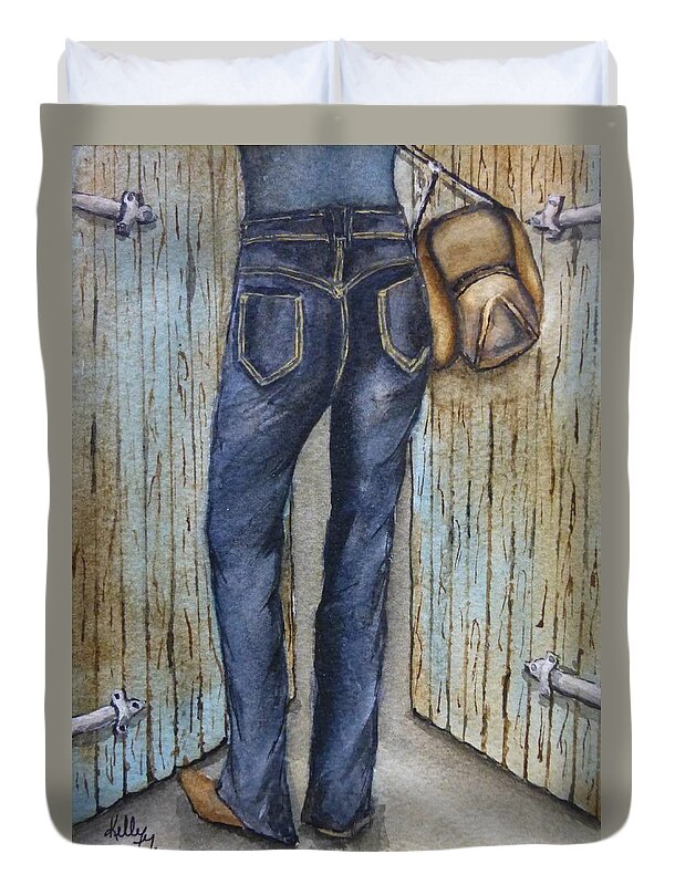 Jeans Duvet Cover featuring the painting Blue Jeans a hat and looking good by Kelly Mills