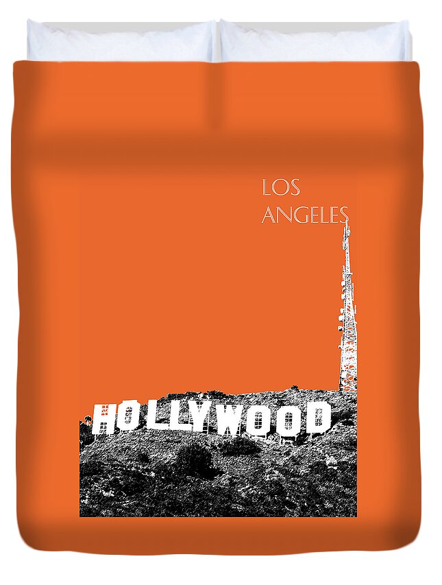 Architecture Duvet Cover featuring the digital art Los Angeles Skyline Hollywood - Coral by DB Artist