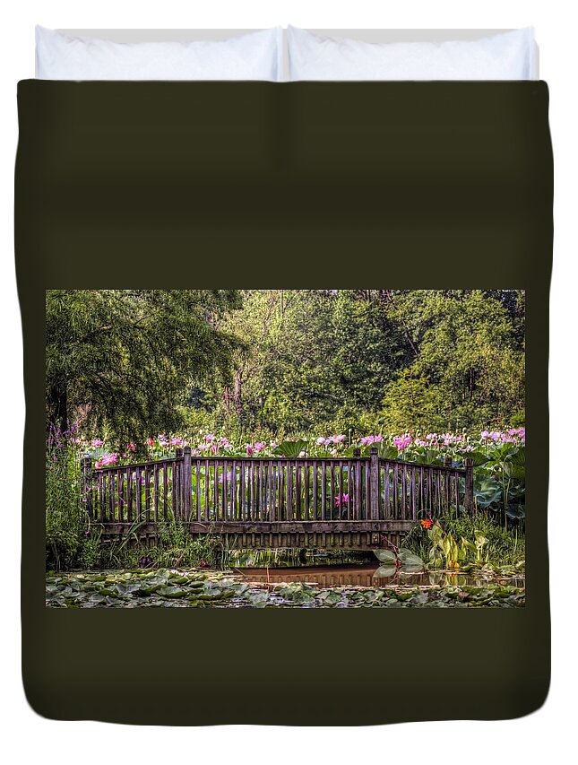 Kenilworth Duvet Cover featuring the photograph Lotus Garden Pond and Bridge by Jerry Gammon