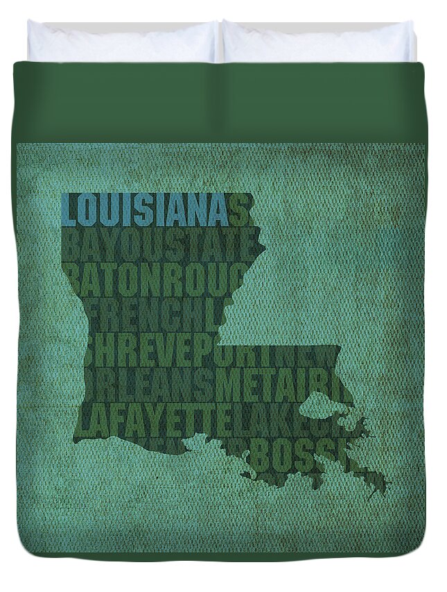 Louisiana Word Art State Map On Canvas Duvet Cover featuring the mixed media Louisiana Word Art State Map on Canvas by Design Turnpike