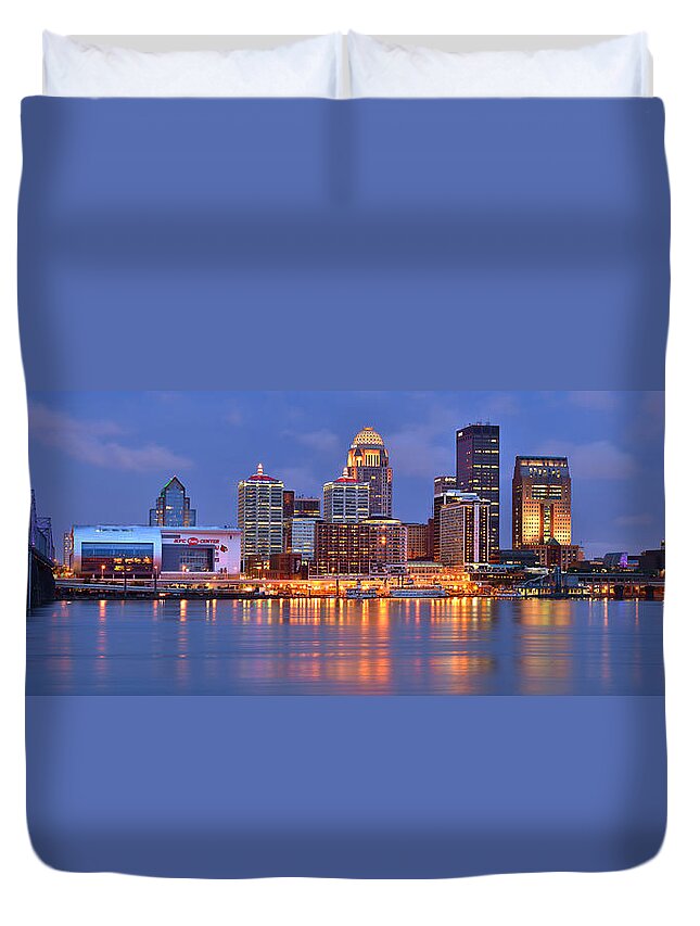 Louisville Skyline Duvet Cover featuring the photograph Louisville Skyline at Dusk Sunset Panorama Kentucky by Jon Holiday