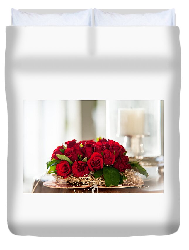 Red Roses Duvet Cover featuring the photograph Love Message II by Jenny Rainbow