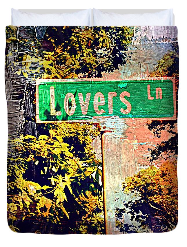 Lovers Duvet Cover featuring the mixed media Lovers Lane by Beth Saffer