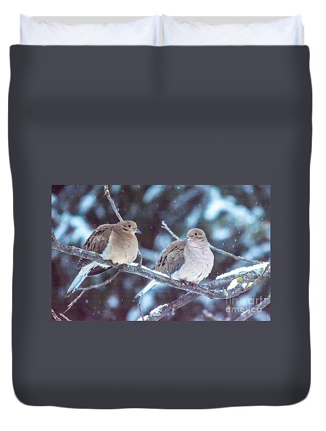 Snow Duvet Cover featuring the photograph Lovey Dovey by Cheryl Baxter