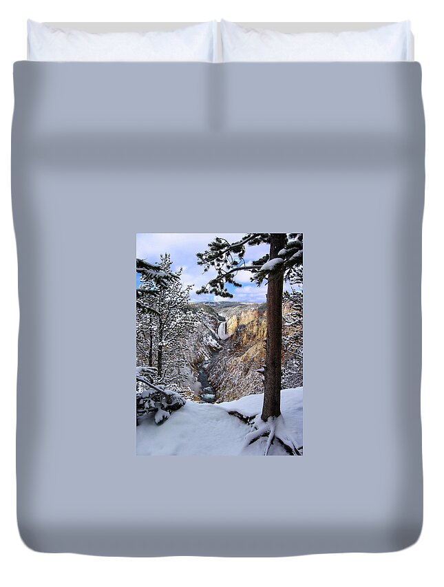 Waterfall Duvet Cover featuring the photograph Lower Yellowstone Falls in October by Robert Woodward