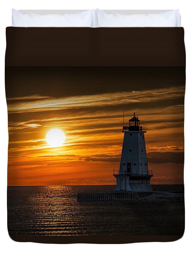 Art Duvet Cover featuring the photograph Ludington Pier Lighthead at Sunset by Randall Nyhof