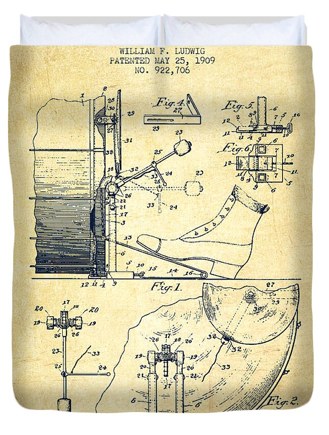 Foot Pedal Duvet Cover featuring the digital art Ludwig Foot Pedal Patent Drawing from 1909 - Vintage by Aged Pixel