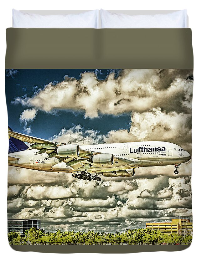 Airbus A380 Duvet Cover featuring the photograph Lost in the Clouds Lufthansa A380 Named Hamburg-Colorized Abstract by Rene Triay FineArt Photos