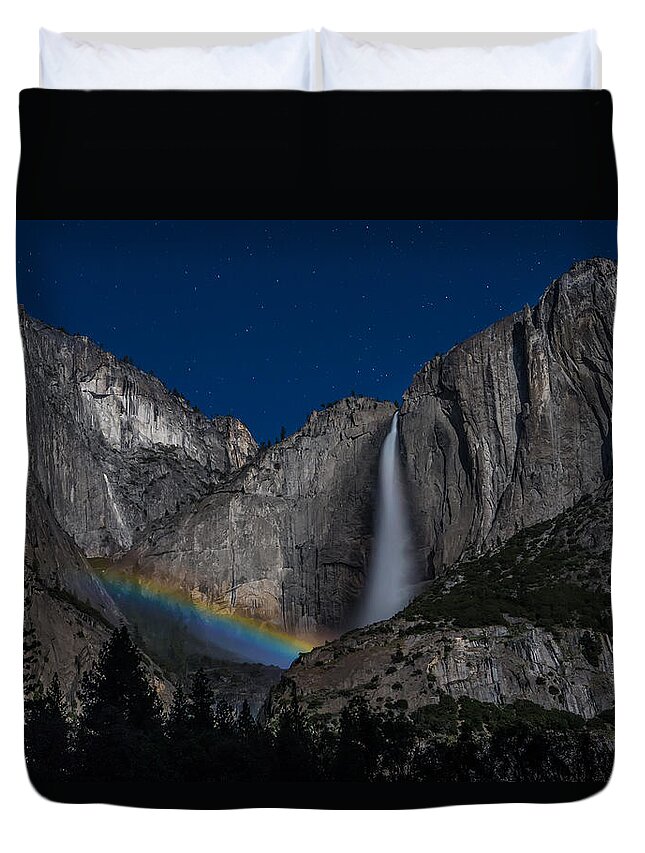 Falls Duvet Cover featuring the photograph Lunar Moonbow at Yosemite Falls by Larry Marshall