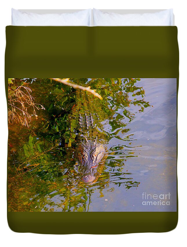 Alligator Duvet Cover featuring the photograph Lurking by Carey Chen