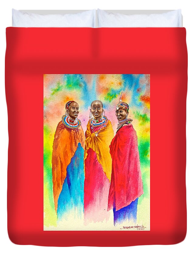 African Paintings Duvet Cover featuring the painting Maasai Life 14 by Joseph Thiongo
