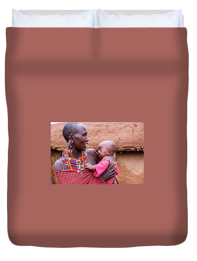 Kenya Duvet Cover featuring the photograph Maasai Mother And Child Outside Dung by Brittak