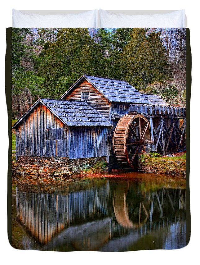 Mabry Mill Duvet Cover featuring the photograph Mabry Mill Evening Reflections by Adam Jewell