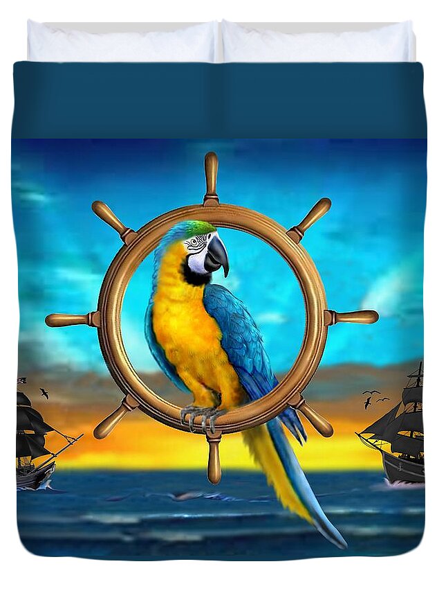 Blue And Yellow Macaw Parrot Duvet Cover featuring the digital art Macaw Pirate Parrot by Glenn Holbrook