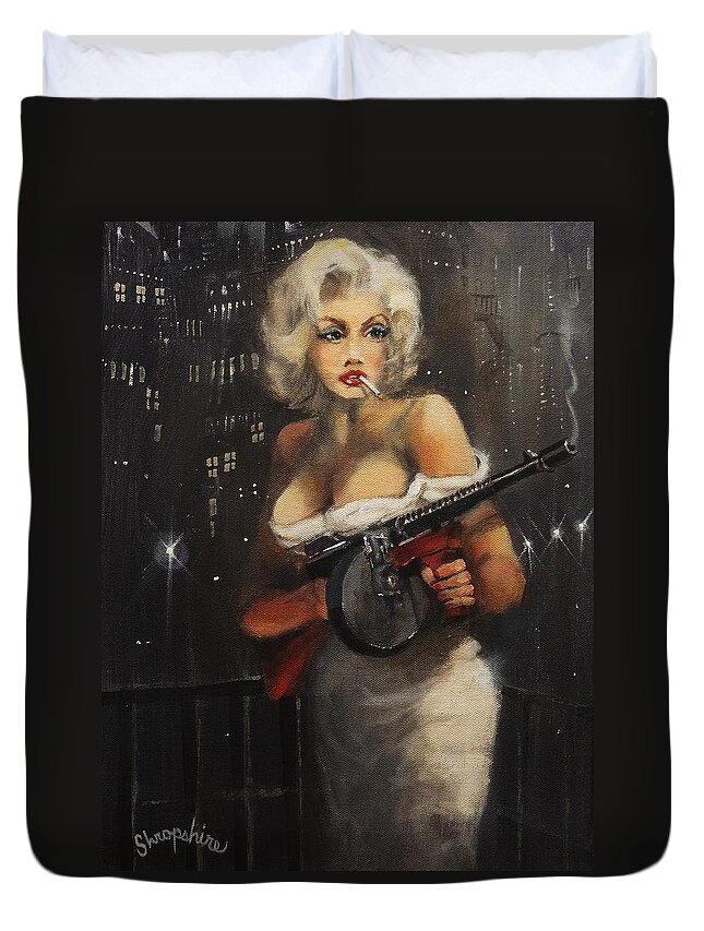 Bootleggers Duvet Cover featuring the painting Machine Gun Madam by Tom Shropshire