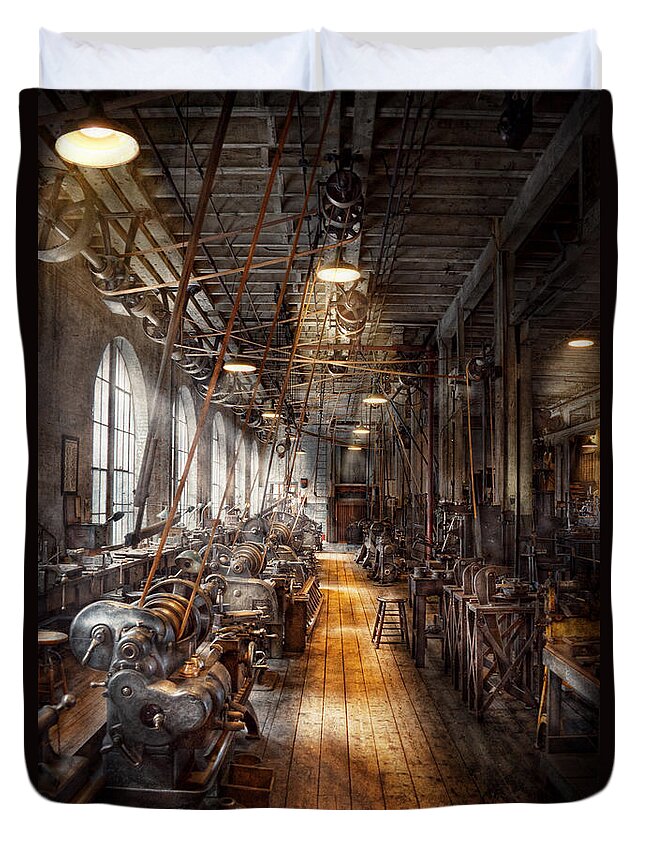 Machinists Duvet Cover featuring the photograph Machinist - Welcome to the workshop by Mike Savad