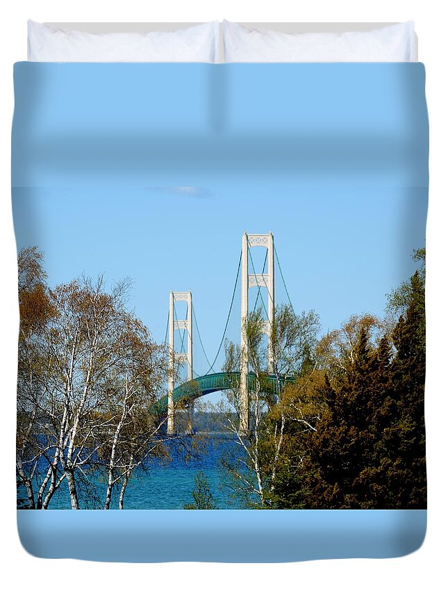 Bridges Duvet Cover featuring the photograph Mackinac Bridge Birches by Keith Stokes
