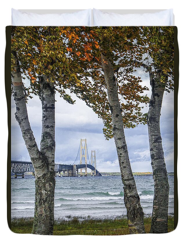 Art Duvet Cover featuring the photograph Mackinaw Bridge in Autumn by the Straits of Mackinac by Randall Nyhof